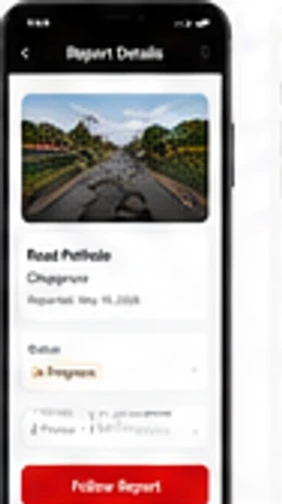 Report details screen showing a road pothole report with photo, location, and status
