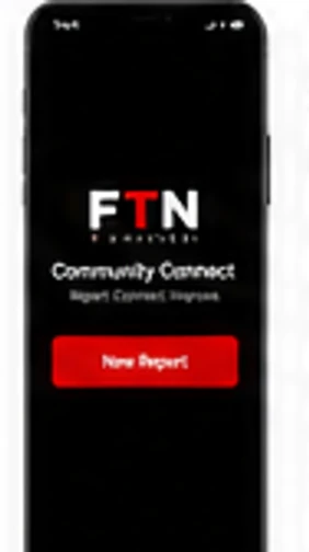 Community Connect splash screen with the app logo and a New Report button