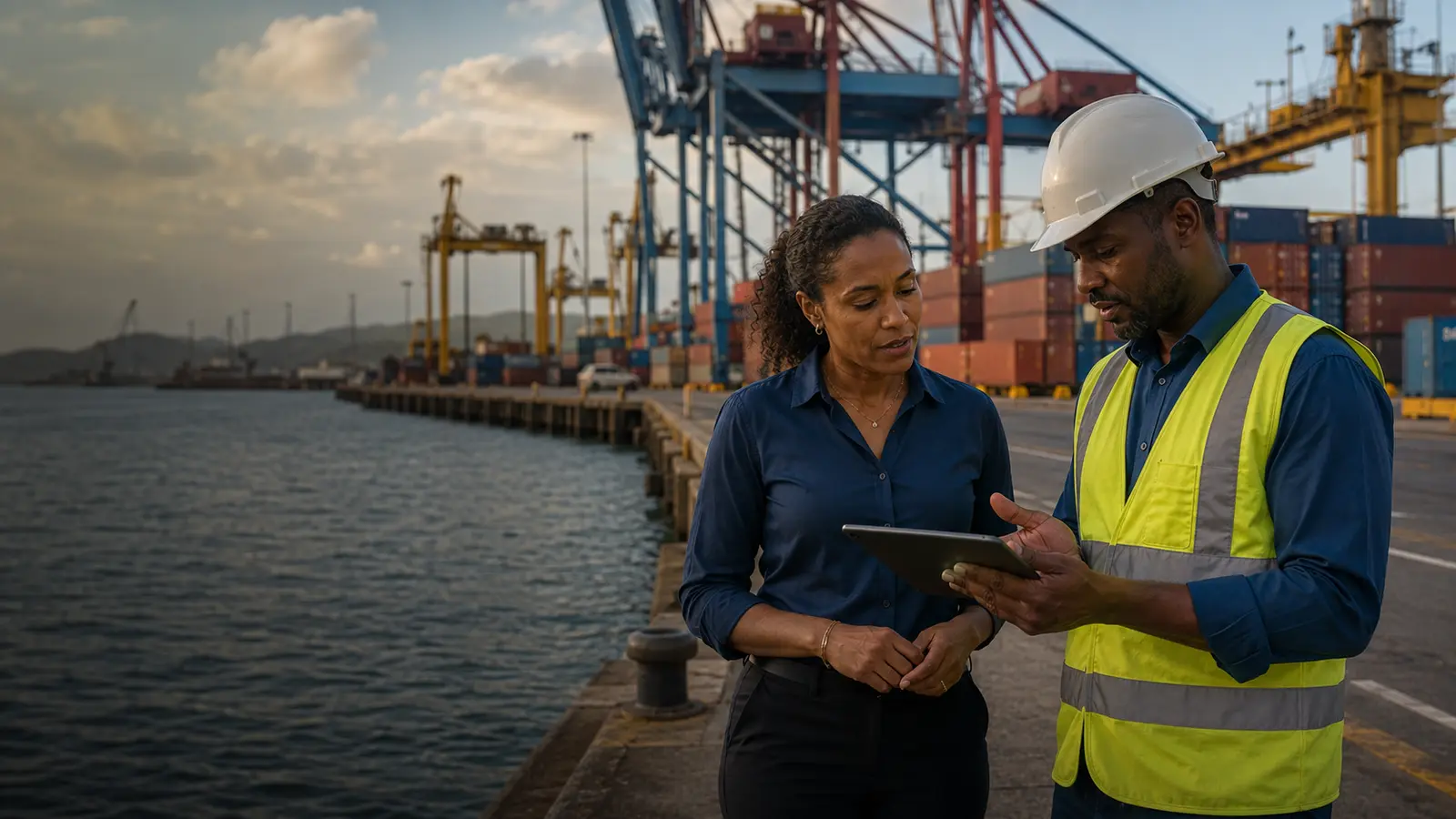 Caribbean logistics professionals reviewing work at a busy container port
