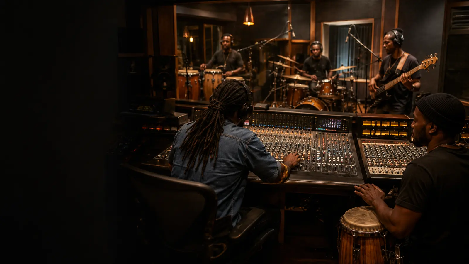 Caribbean musicians and engineers recording together in a professional studio